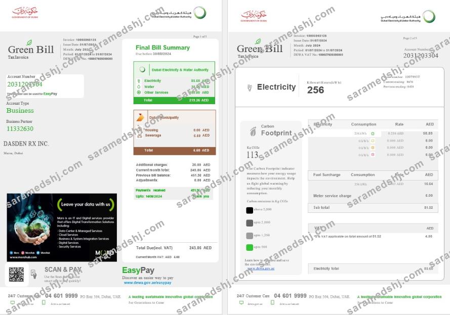 United Arab Emirates Dubai Green business utility bill template in Word and PDF formats, fully editable 1-2